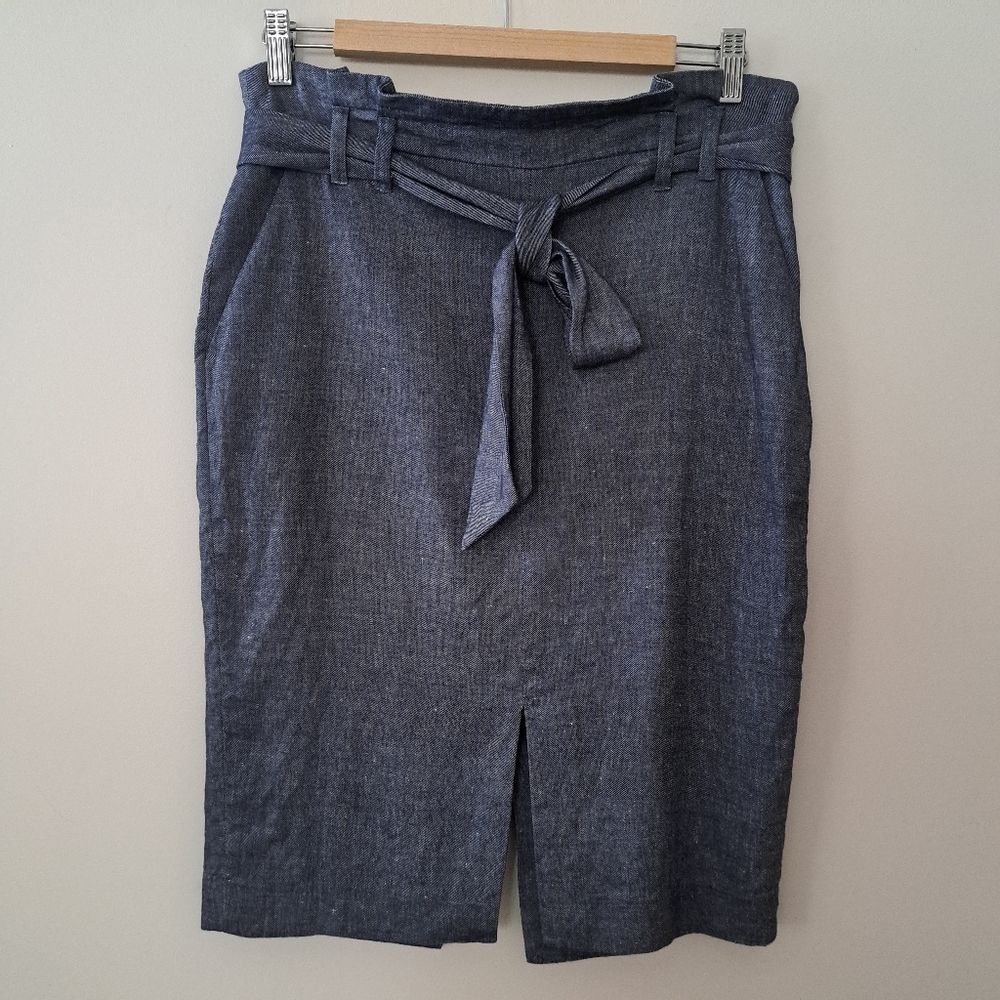 RW&CO Blue Linen Blend Pencil Skirt with Belt